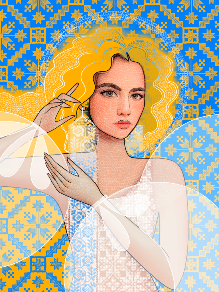 This is an illustrated portrait image of Mia Solovey, a Ukrainian American author who wrote the book We Lived by an Orange tree. The illustration is in blue and yellow to support Ukraine.